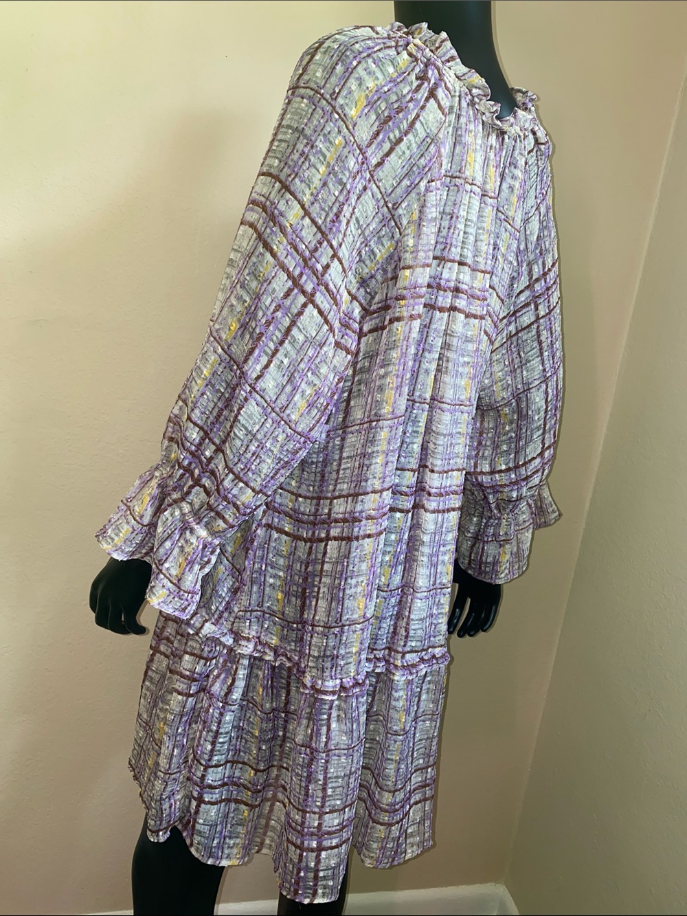 Cato Lavender Plaid Ruffle-Neck Sheer Mini Dress - Picture 6 of 11